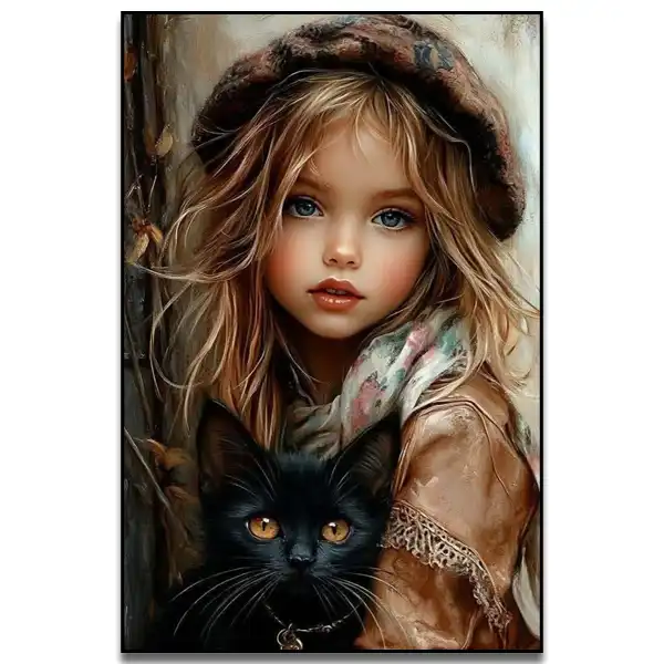 کودک-و-گربه کیت نقاشی الماسی تابلو کودک و گربه